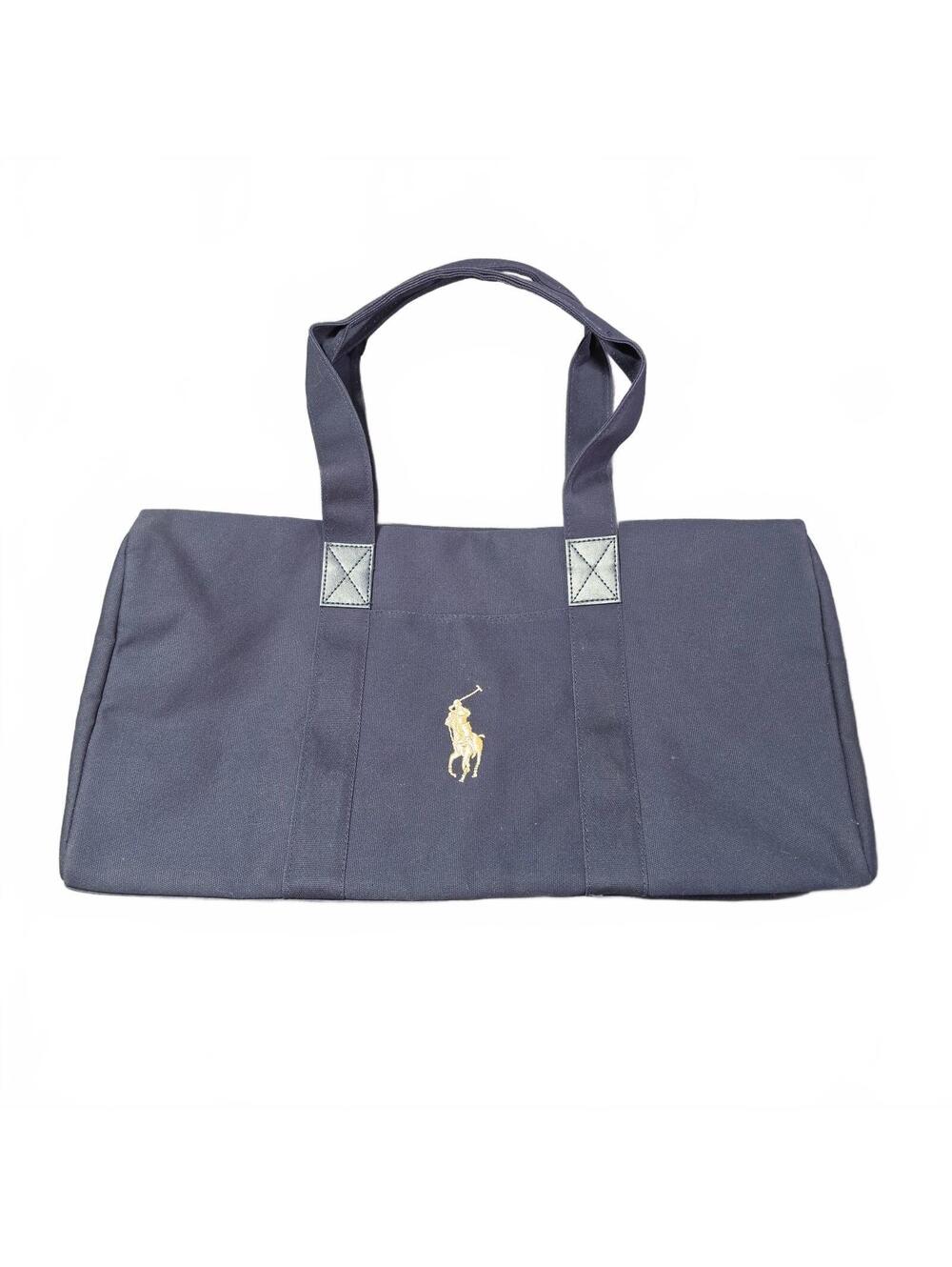 Ralph Lauren Fragrance Navy Blue Medium Canvas Tote Bag Duffle Large Gold Pony